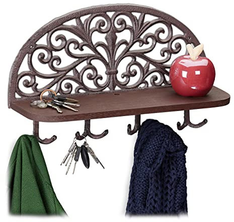 Relaxdays 1 x Wandgarderobe mit Ablage, Antik Design, 4 Doppelhaken, Schlüsselbrett, Gusseisen, HBT: 23x39x11,5 cm, braun