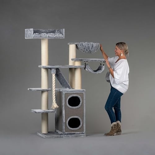 RHRQuality Arbre à chat solide pour Maine Coons et grands chats taille XXL - Arbre à chat à grimper - Meuble à griffer - Tronc épais (Crown, Gris clair)