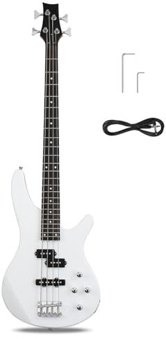 Ktaxon Guitare basse électrique à 4 cordes, taille standard, droitier, touche en palissandre, kit débutant avec clé à câble (blanc)