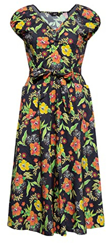 Queen Kerosin Damen Swing Kleid Tropischer All-Over-Print Sommerkleid Hibiskus 50S 40S 60S Tropical Vintage Rockabilly Rockabella Hibiskus Black