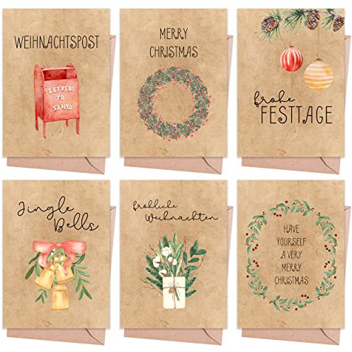 Weihnachtskarten mit Umschlag Set (12 Stück) - A6 Klappkarten für Weihnachten - Christmas Postkarte mit Umschlägen für deine Weihnachtsgrüße - Coole Weihnachtspostkarten mit und ohne Sprüche