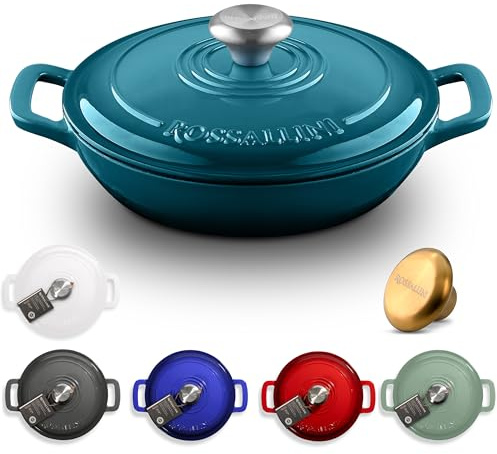 ROSSALLINI Signature Emaillierter Gusseisen-Schmorbraten, Antihaft-Serviertopf mit dicht schließendem Deckel für perfektes Braten, Backen, Sautieren, Anbraten und Braten, 1,5 Q (1,4 l) – Ozeanblau