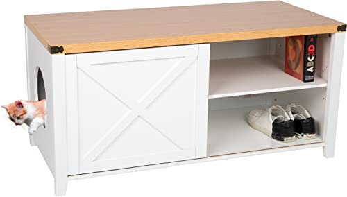 needs&wants® Katzenschrank groß für Katzentoilette XXL aus Holz mit Schuhschrank Sitzkommode, Katzenklo-Schrank Kommode, Design Katzenhaus Toilette Klo, 110 x 50 x 53 cm, weiß braun
