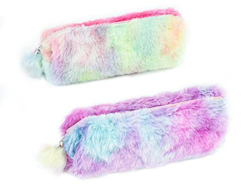 DOUSELLA 2 Stück Plüsch Bleistift Fall Regenbogen Plüsch Federtasche Federmäppchen Farbige Plüsch Schreibwaren Tasche Bleistift Tasche mit Reißverschluss flauschig Federmäppchen für Kinder Jungen