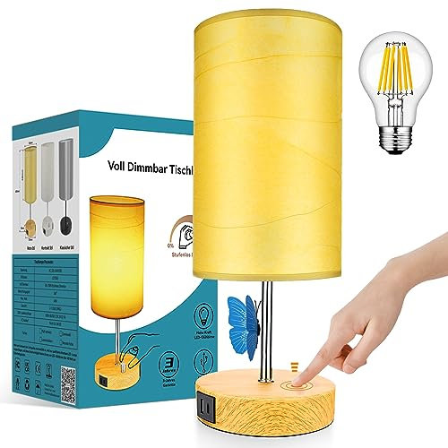 Wondlumi Touch Dimmbar Nachttischlampe mit USB A+Typ-C Ladefunktion, Kleine Tischleuchte Holzmaserung mit Schirm, Modern Tischlampe E27 für Schlafzimmer, inkl. 6W Warmweiß LED-Birne