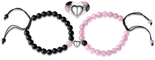 XIANNVXI Partnerarmbänder Pärchen Armband Perlen Partner Armbänder Kristalle Geschenke für Frauen Männer Herz Matching Bracelets Einstellbar Geflochtene Schnur(Lava Rock & Rosenquarz)