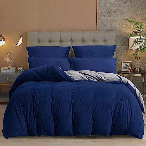 Damier Bettwäsche 155x220 Plüsch Blau, Grau Uni Einfarbig Cashmere Touch 3-teilig Kuschelig Flauschig Wende mit Reißverschluss und 2 Kissenbezügen 80x80 cm