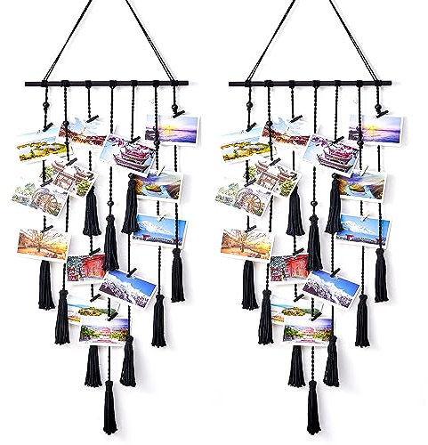 Fotoseil Wandteppich, mit 40 Holzklammern für Fotos Aufhängen, Boho Style Wand Deko Hängend, Fotowand Vorhang zum Aufhängen mit Klammern, Für Bilder Collagen, Polaroid Bilder Aufhängen (Schwarz)