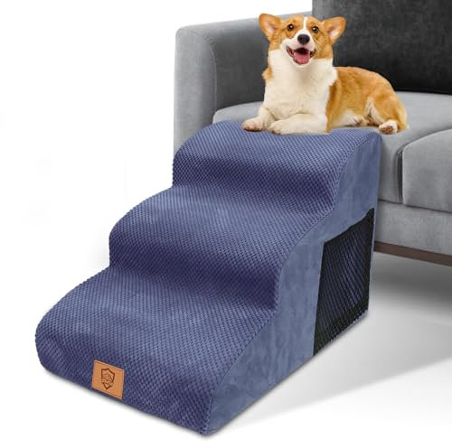 HEVOL Hundetreppe 3 Stufen, 40cm Hoch Hunderampe für Kleine Hunde & Katzen, rutschfeste Haustiertreppe mit Waschbarem Bezug, Hochdichter Schaumstoff Katzentreppe für Sofa & Bett
