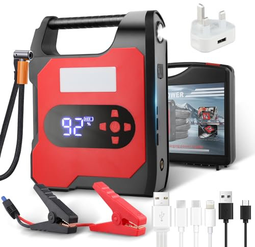 Car Jump Starter Power Pack with Tyre Inflator,12V 2000A Car Battery Booster Jump Starter with 150PSI Air Compressor,Car Jump Starter Power Bank with USB Socket,LCD Display and LED Light