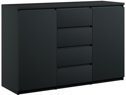 roe furniture Kommode mit 4 Schubladen & 2 Schränke - Modern Schubladenschrank - Komodenschrank - Schubladenkommode 140 cm Breit - Schwarze Matte