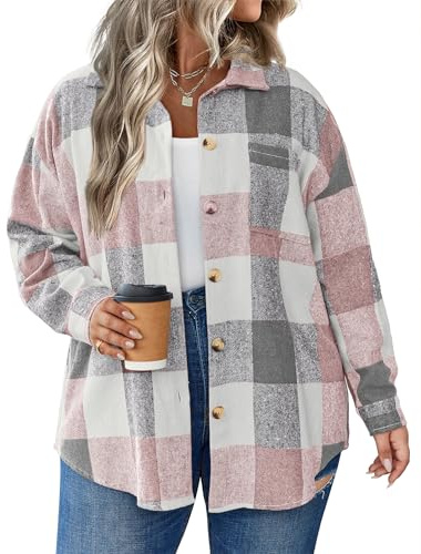 IN'VOLAND Damen-Shacket in Übergröße, kariert, langärmelig, Knopfleiste, Flanellhemden, Freizeitjacke, Mäntel