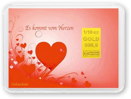 Goldschulz Goldbarren 3,01 Gramm 1/10 OZ Motivbox - Es kommt vom Herzen- Geschenk + Echtheitszertifikat