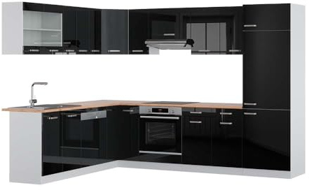 Vicco Eckküche R-Line, Schwarz Hochglanz/Weiß, 287 x 227 cm | 12 Module · Höhenverstellbare Füße · Arbeitsplatte Eiche · Robuste Fronten · Mit Kühlschrankumbauschrank · Frei kombinierbar