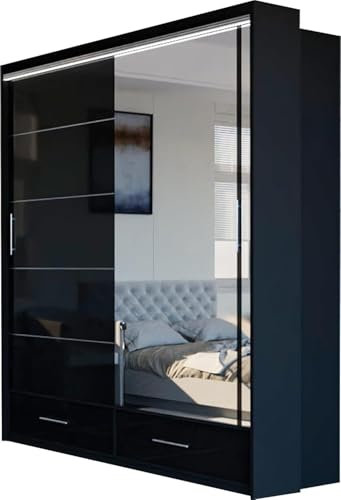 MN Furniture HACKNEY MODERN HIGH GLOSS & MIRROR SLIDING DOOR WARDROBE WITH INTEGRATED DRAWERS, ELONGATED LED LIGHT OPTION, SHELVES & HANGING RAILS