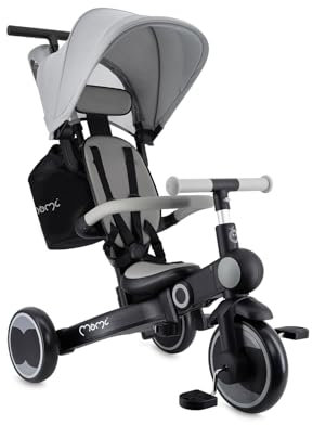 MoMi 4-in-1 Kinder-Dreirad SOLIVIA mit Teleskopgriff, 5-Punkt Sicherheitsgurt, für Kinder ab 12. Lebensmonat, Sonnenschutzdach, PU-Räder, Tasche und Halterung für einen Trinkbecher