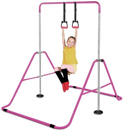 Triclicks Gymnastikstange Kinder mit Turnringen, Kinder Turnreck Faltende Reckanlage Horizontale Trainingsgeräte Training Bar Indoor, Turnstange Outdoor für Kinder Home Gym Garten (Rosa)
