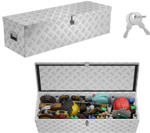UISEBRT Aluminium Werkzeugbox mit Schloss, Alubox Transportbox 990x330x254 mm, robuste Alu Kiste für Werkzeuge, Anhängerbox, wasserdichte Aufbewahrungsbox mit 2 Schlüsseln (Silber)