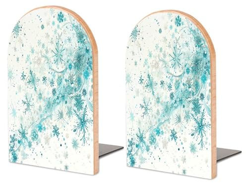 Grand serre-livres en bois pour étagères, flocons de neige et paillettes, serre-livres en bois robuste avec base en métal antidérapante