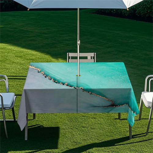 Highdi Tischdecke mit Loch in der Mitte, Abwaschbar Rechteckig Tischdecke mit Schirmloch Outdoor Tischdecke mit Reißverschluss Gartentischdecke für Sonnenschirm (213x152cm,Treibsand 7)