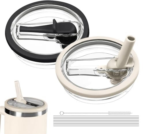 2 Pack Tumbler Flip Straw Lid Replacement no Spill, Leak Proof Cover Compatible with Stanley Tumbler Cover Accessory (Cream White+Black, 40oz)