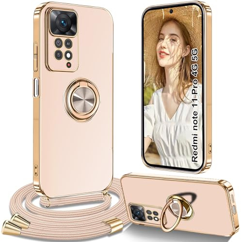 Yutwo Coque pour Xiaomi Redmi Note 11 Pro avec Cordon, Coque pour Redmi Note 11 Pro avec Collier Silicone Housse 360° Voiture de Bague Magnétique Antichoc Étui avec Cordon Réglable Case Cover, Rose
