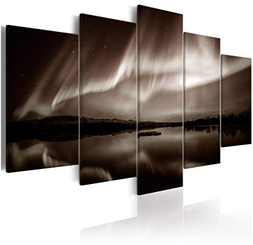 decomonkey Bilder Polarlicht 200x100 cm 5 Teilig Leinwandbilder Bild auf Leinwand Wandbild Kunstdruck Wanddeko Wand Wohnzimmer Wanddekoration Deko Landschaft Nordlicht schwarz braun