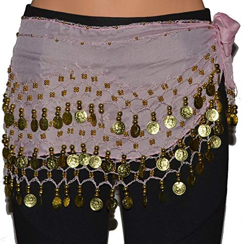 Tanzbekleidung & Accessories BAUCHTANZ MÜNZGÜRTEL HÜFTTUCH BELLY DANCE BAUCHTANZGÜRTEL HIP SCARF KARNEVAL XXL (128 Münzen, Rosa)