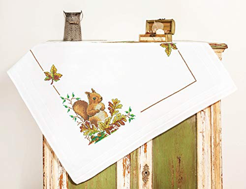 KAMACA Stickpackung Kreuzstich vorgezeichnet Baumwolle komplettes Stickset mit Stickvorlage Stickerei-Kit zum Selbersticken Erwachsene (Eichhörnchen MD 80x80 cm)
