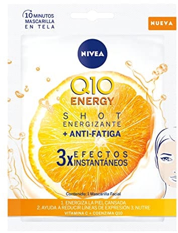 NIVEA Q10 Energy Mascarilla de Tejido con Vitamina C (1 ud), mascarilla antiarrugas con 3 efectos instantáneos, mascarilla facial con coenzima Q10 y vitamina C