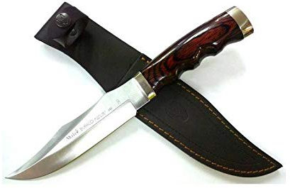 Muela cuchillo de caza Búfalo BUFALO-17R con hoja de acero inoxdable MoVa de 17 cm y empuñadura de madera prensada coral de 12 cm para Caza, Pesca, Supervivencia y Bushcraft + Portabotellas de regalo