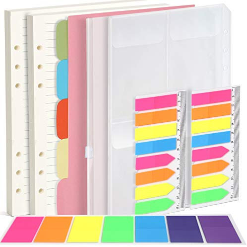 FANDAMEI A5 Feuille 6 Trous Recharges de A5 Papier 90 Feuilles/180 Pages, 5 Couleurs Intercalaire A5, 460 Pcs Onglets pour Notes, 1 Poche Zippée, 1 Poche avec 3 Espaces Séparés