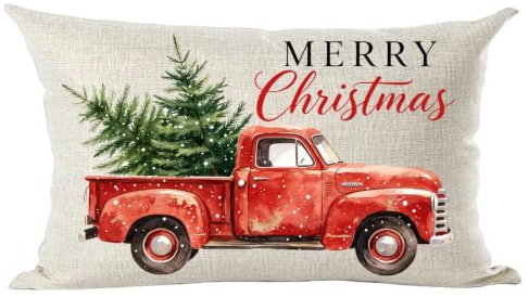 Ramirar Retro Red Pickup Truck Merry Christmas Bäume Schneeflocken Neujahr Winter Dekorative Lendenwirbelkissen Bezug Fall Zuhause Wohnzimmer Bett Sofa Auto Baumwolle Leinen Rechteckig 30,5 x 50,8 cm