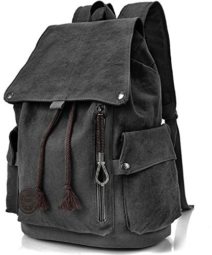 FH Canvas Backpack Vintage Backpack Black Daypack for Men Women Laptop Travel Rucksack