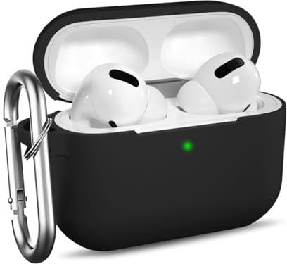 Ouwegaga Schutzhülle für AirPods Pro Case, Schutzhülle aus Silikon, stoßfest, mit Karabiner, kompatibel mit Apple Airpods Pro, Schwarz