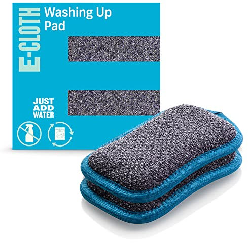 E-Cloth 2-pack Washing Up Pad, Microfibre Non-scratch Kitchen Dish Scrubber Sponge, Efficiently Cleans Dish, Sink and Countertop Cleaning, Washable and Reusable, 100 Wash Promise, Blue