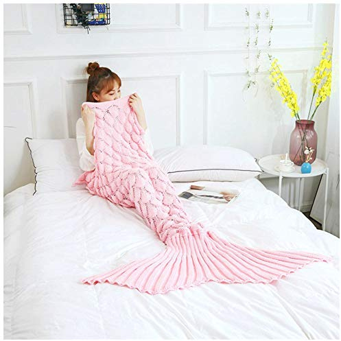 Meerjungfrau Schwanz Decke für Erwachsene Kinder Warme Flauschige Weiche Handarbeit Strickmuster Fischschwanz Decken, All-Saison-Schlafdecke, Pink 180x90cm
