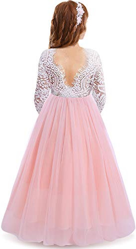 IWEMEK Cils Dos Nu V-Back Dentelle Tulle Maxi Robe Manche Longue Fille Mariage Honneur Robes de Bal Ceremonie Première Communion Soirée Anniversaire Fête Robes pour Enfants Rose 5-6 Ans