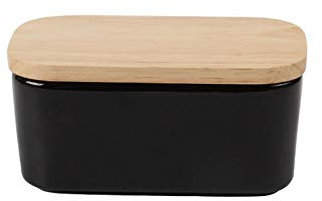 Beurrier en Céramique 16.5x9.5x7.0cm, Boîte à Beurre Scellée en Silicone, Beurrier en couvercle en bois avec Couvercle en Bambou - Boîte Hermétique - Anneau en Silicone (noir)