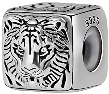 GNOCE Square Beads Charm Sterling Silber Herren Charms Fit für Armband/Halskette Wolf Tiger Eagle und Totenkopf Square Charm aus Sterling Silber Schmuck für Männer (Innendurchmesser-7mm) (Tiger)