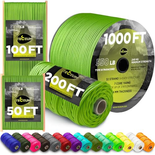 TECEUM Paracord Type III 550 Fluoreszierendes Grün (Fluo Green) – 30 m – 4mm – Taktisches Seil – Outdoor-Paracord – Für Camping & Wandern – EDC-Fallschirmseil – Robustes Überlebensseil (100 ft) 017