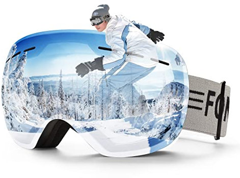 FONHCOO Skibrille Herren OTG Skibrille für Brillenträger, UV-Schutz Verspiegelte Schneebrille Damen Anti-Beschlag Ski Goggles (Silber)