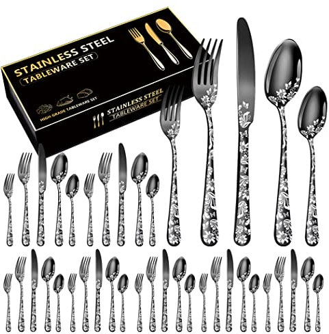 XIAOYU 40 Piece Silverware Set, Stainless Steel Flatware Set, Service for 8, Unique Pattern Design, Includes Dinner Knives/Forks/Spoons, Mirror Polished Cutlery Set, Black