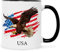 Bedruckte Tasse mit Motiv - USA - Ländertasse mit Flagge & Adler - Geschenk Souvenir mit American Flag für Reiselustige Weltenbummler - Beidseitig bedruckt Stars and Stripes - Farbe: Schwarz & Weiß