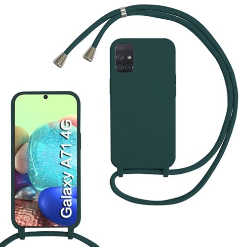 MBSLFY Silikon Handykette für Samsung Galaxy A71 4G Hülle mit Band,Silikon Necklace Handyhülle mit Abnehmbar Kordel zum Umhängen Stossfest Bumper Handy Schutzhülle für Samsung A71 4G, Dunkel grün