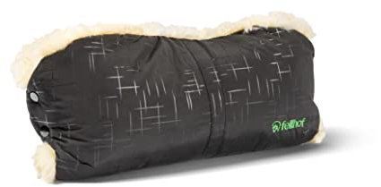 Fellhof® Kinderwagen Handwärmer, 100% Merino-Lammfell, wind- u. wasserabweisend, reflektierende Streifen, OEKO-TEX® zertifiziert, Universalgröße für alle Kinderwagen (black tec)