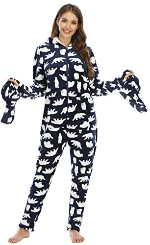 QIYUANT Pyjama Combinaison Femme avec Pieds, Chaud Flanelle Doux Grenouillères a Capuche Onesie Printemps Automne Hiver Halloween Noël Vêtements de Nuit Adulte Une Piece (Ours Bleu Marine, S)