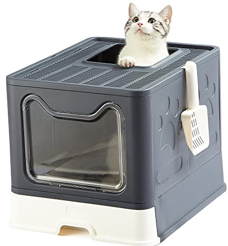 Vealind Inodoro para gatos con tapa y pala, 51 x 41 x 38 cm, grande, plegable, con tapa, diseño de cajón, color negro