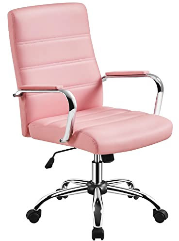 Yaheetech Silla Giratoria de Oficina Sillón de Trabajo con Respaldo Tapizado Asiento Sintético Altura Ajustable Rosa