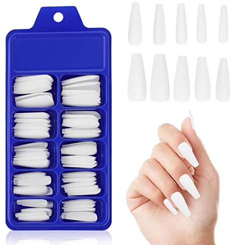 Molain Lot de 100 faux ongles longs en forme de cercueil mat en acrylique Couverture complète (Blanc)